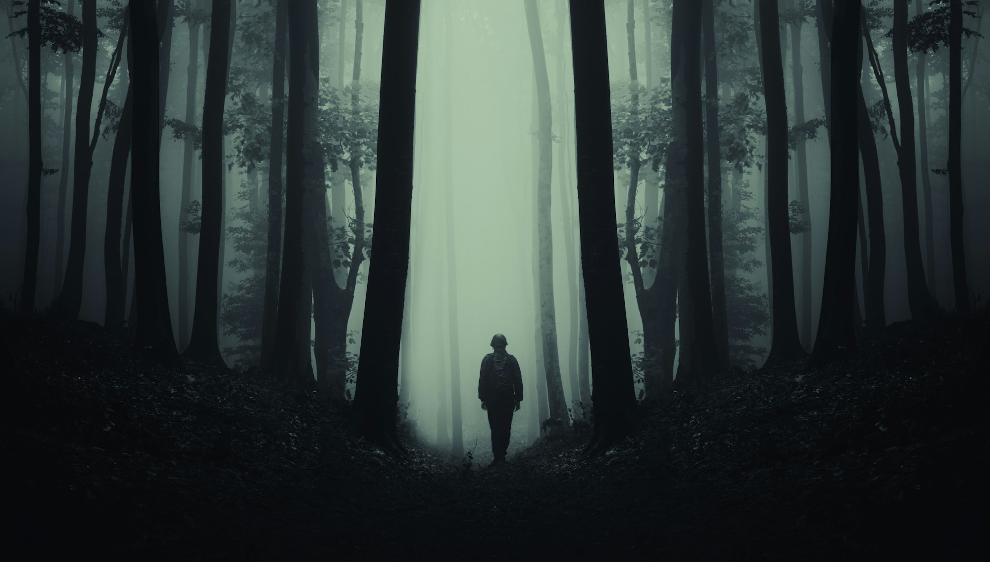 Dark mysterious silhouette in scary forest